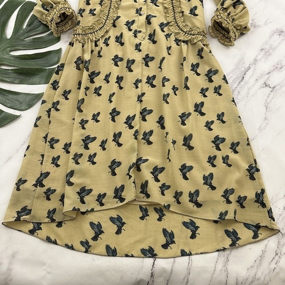 Max Studio Womens Vintage Y2k Ruffle Dress Size XS Tan Blue Birds Academia - Picture 6 of 12